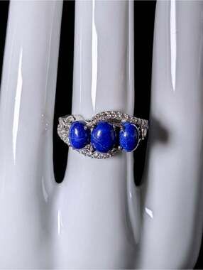 Vintage Genuine Lapis Lazuli and White Topaz Cross Over Sterling Silver Ring